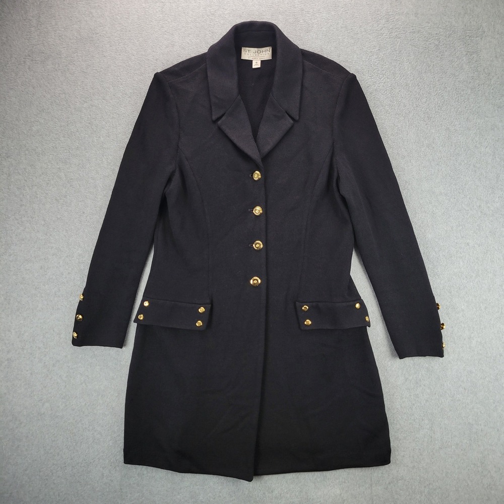 St John Marie Gray Black Wool Knit Viscose Longline Blazer Gold Buttons Size‎ 8